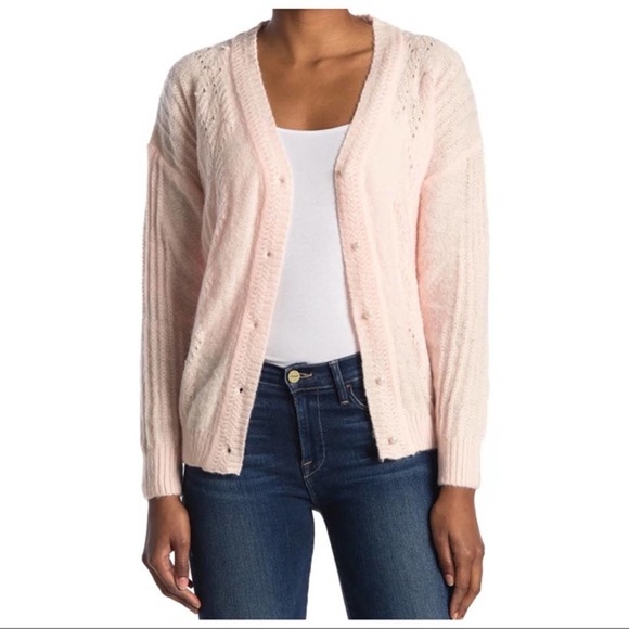 FRNCH Sweaters - FRNCH Blush Pink Open-Knit Pearl Cardigan Size Small